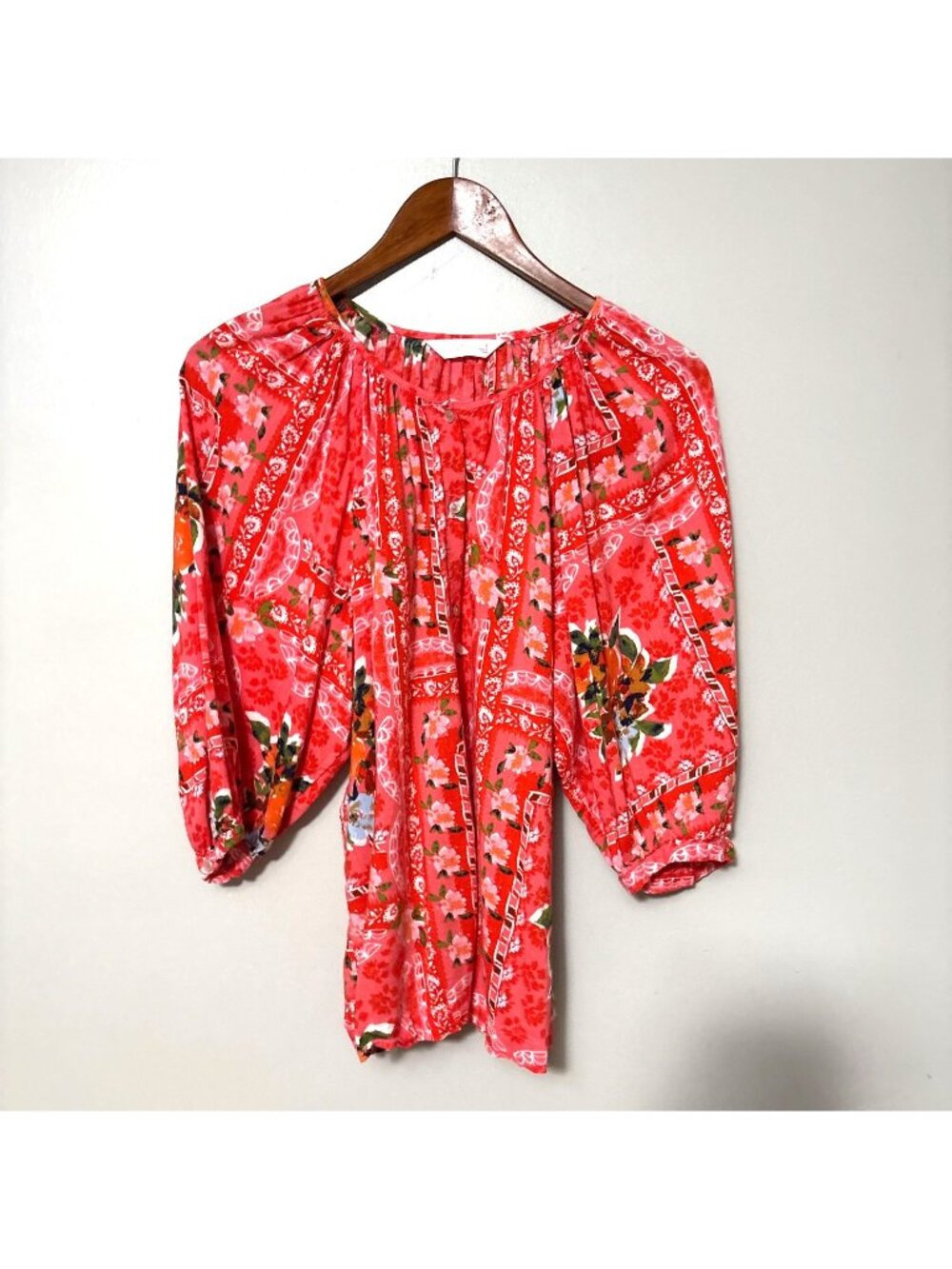 Lauren Conrad Red Floral Boho Peasant Blouse S 3/4 Sleeve Lightweight Relaxed Fi - Picture 2 of 6